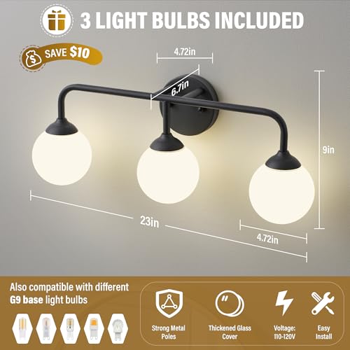 Image of Bathroom Light Fixtures - 3 Light Brushed Brass Vanity Light Over Mirror for Bathroom Mirror Living Room Bedroom, Black Bathroom Wall Sconce with Frosted Glass Shade, 3 G9 Bulbs Included