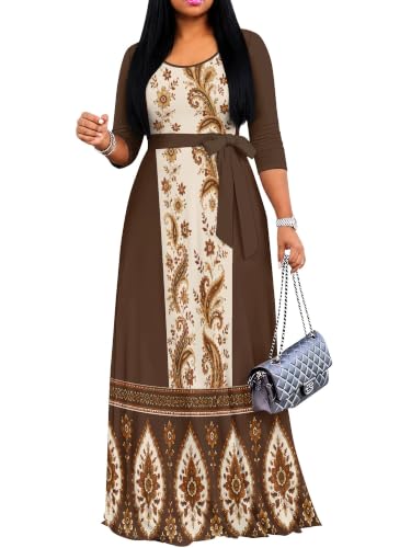 Image of Women's V Neck Floral Maxi Dress 3 /4 Sleeve Plus Size Boho Wrap Flowy Long Dresses with Belt