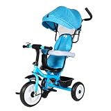 Mediawave Store – Triciclo Passeggino Funny LT982 per Bambini con Tettuccio Parasole Richiudibile Sedile Reversibile e Maniglione Direzionale per Passeggiate in Totale Sicurezza (Azzurro)