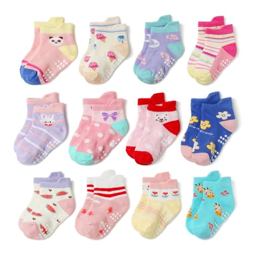 12 Pairs Non Slip Toddler Socks Infant Baby Kids Grip Socks for Boy Girls Anti Skid Ankle Socks for 0-7 Year Children, Style B L