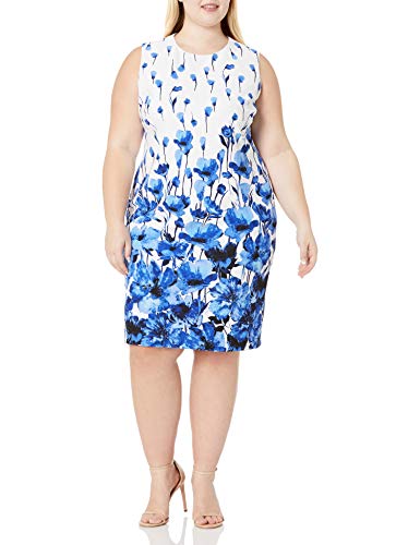 Kasper Women s Plus Size Border Floral Printed Scuba Sleeveless Sheath Dress, Mariner Blue Multi, 18W