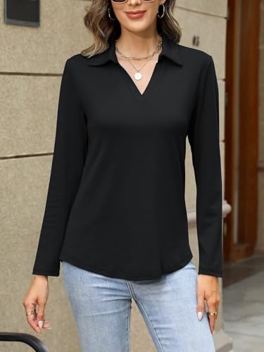 ORANDESIGNE Women's Long Sleeve Polo Shirts Casual Color Block V Neck Tops Fall Collar Ladies Tunics Tees3