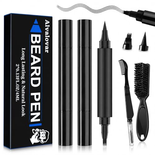 Alvalovar Black Long-Lasting Beard Pen Filler Kit for Men Waterproof Sweat Proof Beard Pencil Filler for Patchy Beard Mustache Hairline Touch Up with Brushes 2 Pack(0.26 Fl.Oz)