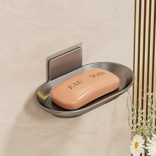 Image of Tenom Soap Stand for Bathroom Wall Mounted, Space Aluminum Soap Holder for Bathroom Stickable, Rustproof Soap Dish, Durable Soap Box with Drain Tray (1, Grey)