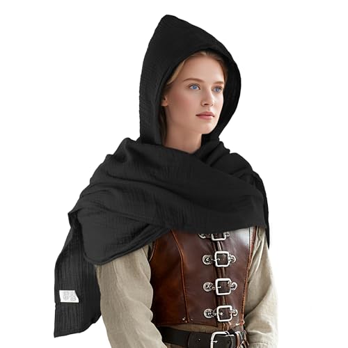 Women Men Fashion Shawl Scarf Cape | Multifunctional Hooded Cowl | Medieval Linen Cotton Cowl Hood |Vintage Goth Costume (Black)