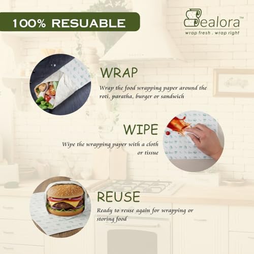 Image of 100 Sheet Food Wrapping Paper Sheets for Roti, Paratha, Sandwich & Burger | 100% Organic Wood Pulp, Biodegradable, Oil & Grease Resistant, Non Stick, Microwave & Oven Safe | Pack of 4