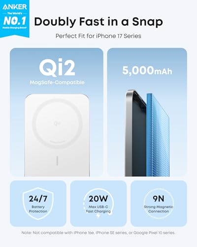 Anker Nano Batterie Externe certifiée Qi2 15W magnétique Ultra-Fine 5000 mAh, Rapide, Ergonomique et Compatible MagSafe, Uniquement pour iPhone 17 Pro Max/16/15/14/13