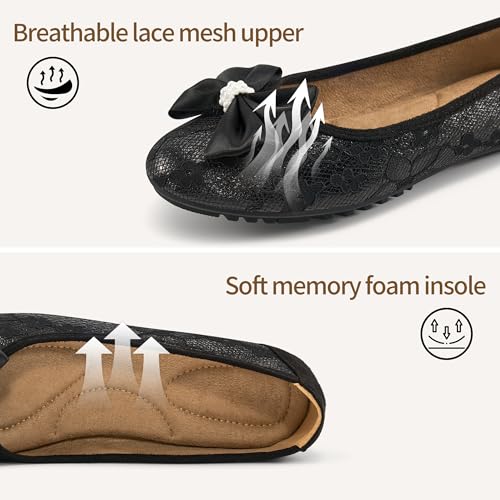 HARENCE Ballet Flats for Women Dressy: Comfortable Round Toe Bow Lace Mesh Wedding Flat Casual Slip On Walking Work Dress Shoes3