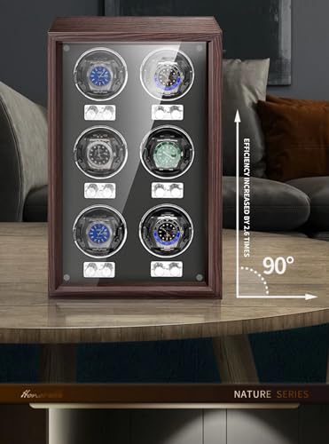 Image of Bequest Watch Winders for 3 /6 Automatic Watches Wooden Rotating Watch Box 15 Rotation Modes Setting Display Case with LED Light, AC or USB Powered Super Quiet Mabuchi Motor, Black, 6 Winding Spaces