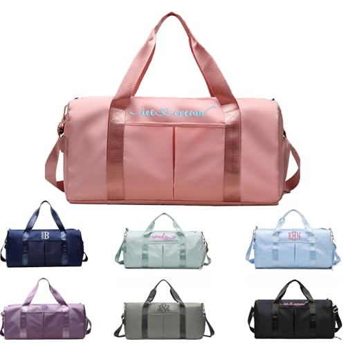 Personalized Duffel Bag with Embroidered Initials, Weekend Overnight Bag for Women with Wet Dry Pockets/Shoe, Sport Gym Bags for Boy/Men, Bridal Shower, Bridesmaid Gift, Gymnastics Dance Pack for Girl