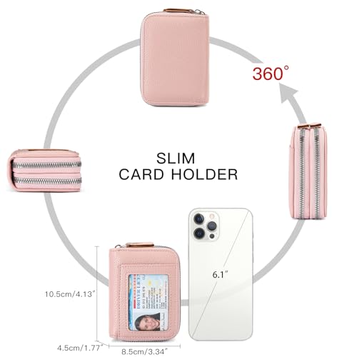 Genuine Leather Wallet for Women RFID Blocking Double Zipper Credit Card Holder with ID Window (Pink)4