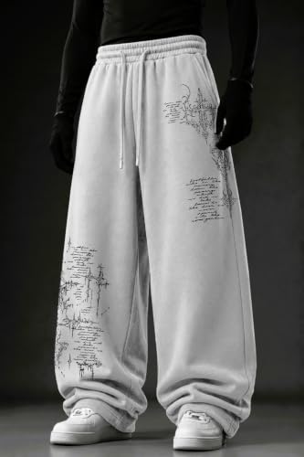 Image of Men's Grey Oversized Wide Leg Track Pants | 240 GSM Pure Cotton French Terry | Graphic Print | Baggy Relaxed Fit | Elastic Drawstring Waist | Casual Streetwear Sweatpants