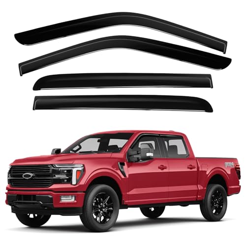 Image of Canvcle Window Visors Rain Guards for 2015-2025 2026 Ford F150 SuperCrew /2017-2026 F250 /F350 /F450 /F550 /Super Duty Crew Cab Accessories, Tape-On Side Window Wind Deflectors Vent Visors Rainproof Black