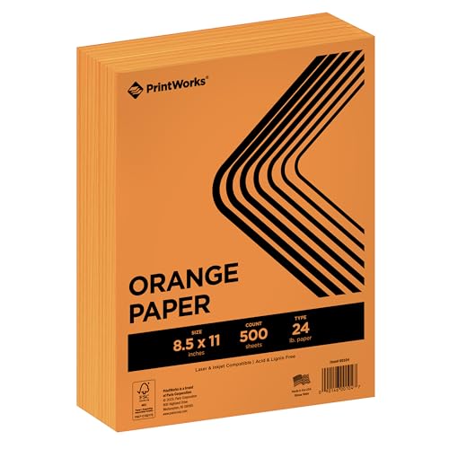 PrintWorks Premium Bright Orange Colored Paper 8.5" x 11" - 24 lb/89 gsm - 500 Sheets - Made in the USA - FSC® Certified - Acid-Free & Fade-Resistant - Printer Compatible (00104)