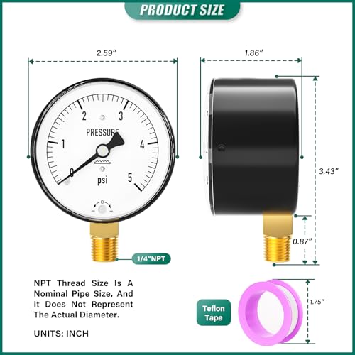 Image of 0-5PSI Diaphragm Type Capsule Low Pressure Gauge 2-1 /3 inch Dial Size, 1 /4 inch NPT Lower Mount, Adjustable Water Column Gauge, for Pressure Testing with Air, Gas, Water, and Other Liquids