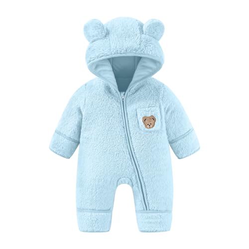 JiAmy Combinaison Bebe Garcon Fille Hiver Polaire Combipilote Pilote Bébé Manteau à Capuche, Manches Longues Ours Combinaison de Neige Bleu 0-3 Mois