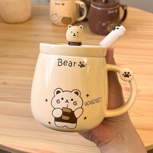 NQQNQQ Bear/Beige 400ML Ceramic Coffee Mug with Lid and Claw Spoon, Cute Bear-Themed Mug for Tea & Coffee for Holidays and Celebrations - image 8