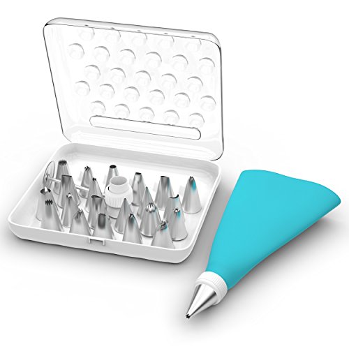 25-Piece Cake Decorating Kit Includes Reusable 15in Silicone Pastry Bag with Coupler and 21 Stainless Steel Icing Tips in a Storage Case