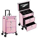 Adazzo Professional Rolling Makeup Train Case with Drawers, Large Cosmetic Trolley with Locks, Cosmetics Storage Organizer Make up Case for Travel Makeup / Nail Art / Hair Styling, Matte Pink