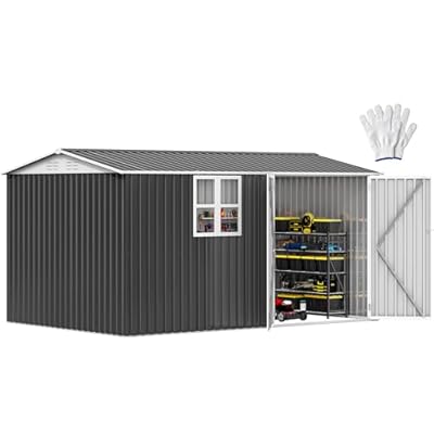 DWVO 12x8ft Metal Outdoor Storage Shed with Window, Lockable Tool Storage Sheds, Oversized Steel Garden Sheds with Sloped Roof for Backyard, Patio, Garage, Lawn, Gray & White