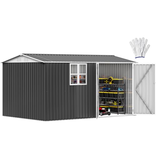 Image of DWVO 12x8ft Metal Outdoor Storage Shed with Window, Lockable Tool Storage Sheds, Oversized Steel Garden Sheds with Sloped Roof for Backyard, Patio, Garage, Lawn, Gray & White