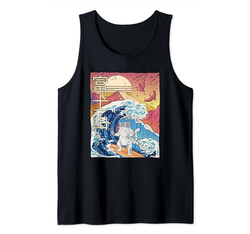 Japonés olas surf gato arte japonés monte fuji puesta de sol Camiseta sin Mangas