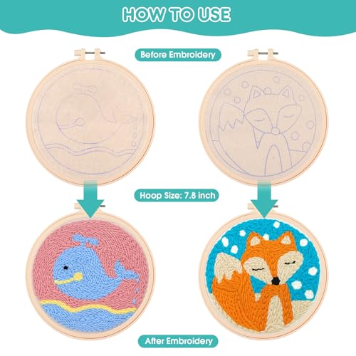 Image of Zuaooz 3 Sets Punch Needle Kits,Whale Fox and Snow Punch Embroidery Kits for Adults Beginner, Tool with Punch Needle Fabric, Hoops, Yarns and Sewing Needles