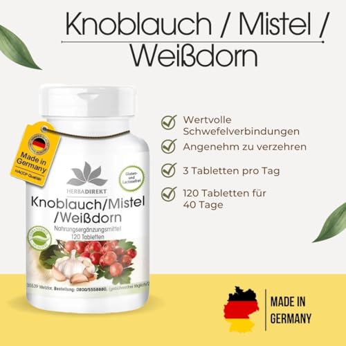 Knoblauch Mistel Weißdorn - 120 Tabletten mit Vitamin C, Hochdosiert, Vegan | HERBADIREKT by Warnke Vitalstoffe - Deutsche Apothekenqualität