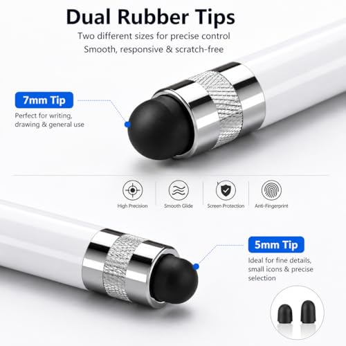 Image of Mizi Stylus Pen for Touch Screens, High Precision Dual Rubber Tip (5mm /7mm) Capacitive Stylus for iPad, iPhone, Samsung, Android Phones & Tablets, No Bluetooth, No Charging - White