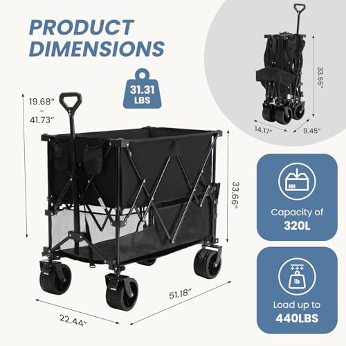Image of DUMOS 440LBS Heavy Duty Double Decker Wagon with 51IN Extender, 400L Large Capacity Collapsible Garden Cart, All-Terrain 7IN Wheels with Brakes, Foldable Utility Wagon for Shopping, Camping, Black