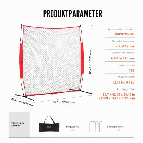 VEVOR Barrikaden-Backstop-Netz, 238 x 107 x 212 cm Ballsport-Absperrnetz, Tragbare Übungsausrüstung mit Tragetasche, Schutzschirm für Baseball, Softball, Lacrosse, Fußball, Hockey-Training