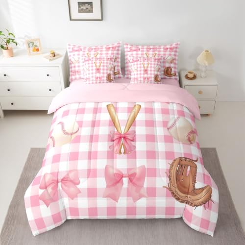 Image of Baseball Bowknot Queen Bedding Sets Pink Checkered Patchwork Grid Comforter Set Watercolor Girly Bow Romantic Dreamy All Season Comforter Flat&Fitted Sheet 2 Pillowcases 2 Throw Pillow Covers,7 Pcs