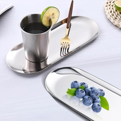 Image of HASTHIP Stainless Steel Bathroom Tray, Oblong Platter with Elegant Mirror Finish, Multipurpose for Appetizers, Snacks, Desserts, Decorative or Dessert Serving Trays, Silver, Pack of 2, 30x12cm