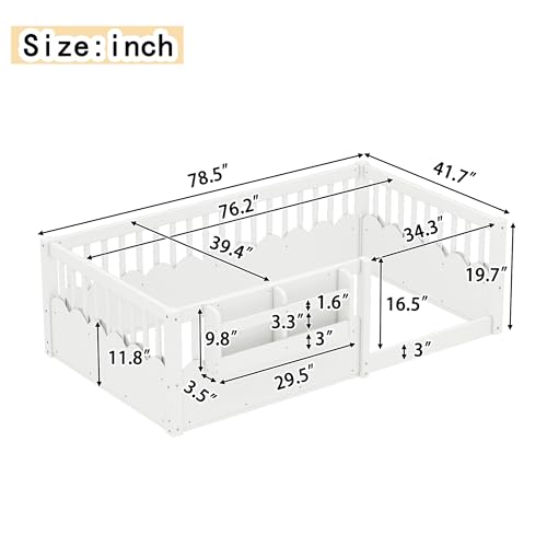 Image of Bellemave Twin Size Kids Montessori Floor Bed,Solid Wood Floor Bed Frame with Bookshelf and High Fence for Kids,Girls,Boys,White