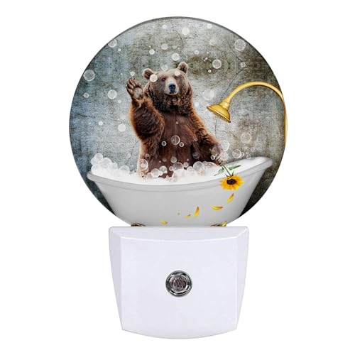 Image of Brown Bear Bathing Night Light LED Lamp Round Plug into Wall Nightlight with Dusk to Dawn Sensor Home Hallway Stairway Kitchen Decor