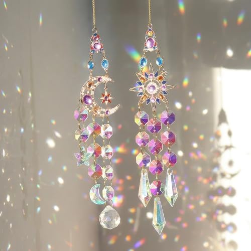 2 Pièces Attrape Soleil Cristal Suspendu, Suncatcher Pendentif, L'étoile Lune Capteur Décoration de Fenêtre à Suspendre, Prisme Coloré pour Fenêtres et...
