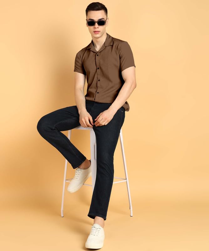 Image of COMBRAIDED Men's Solid Cotton Blend Half Sleeve Shirt - Regular Fit Casual Button-Down Shirt for Office & Travel - Summer & Spring