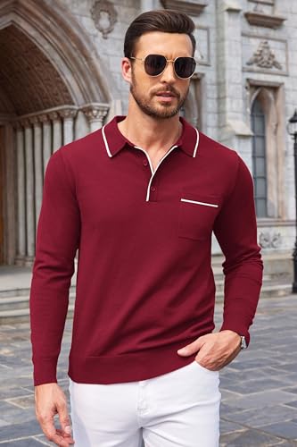 COOFANDY Camiseta Polo de Punto para Hombre de Manga Larga con Cuello, Suéter Casual Empresarial, Estilo Clásico con Bajo y Puños Acordonados, Ideal para Golf y Viajes miniatura 2
