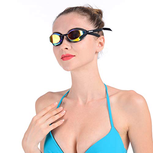 USHAKE Racing Swim Goggles, Anti Fog UV Protection Swimming Goggles with 4 Size Nose Pieces for Men Women Adult or Youth