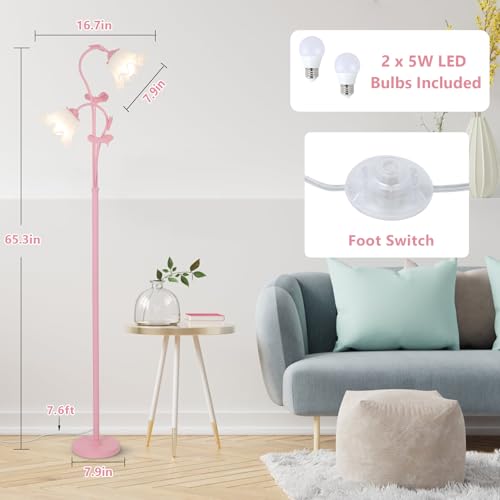 Image of HMVPL Pink Flower Floor Lamp, Floral Standing Lamp with 2 LED 5W Blubs, Foot Switch, Modern Corner Tall Lamp with Acrylic Shade, Girls Cute Floor Lamp for Living Room Bedroom Office Kids Reading