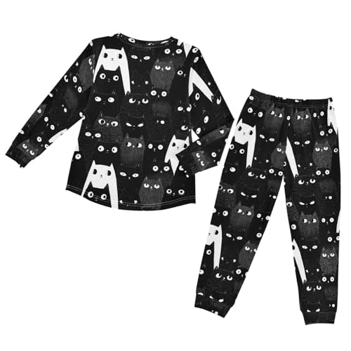 Cats in Black and White Soft Pajama Set for All Seasons,Breathable Pjs Long Sleeve Sleepwear,Comfy Loungewear 2 Piece Underwear Set 5T2