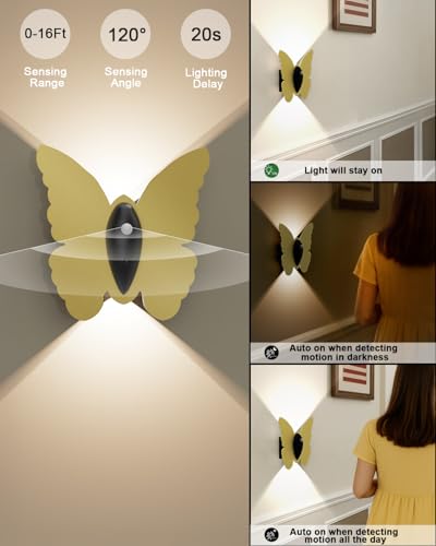 Image of Eneru Motion Sensor Wall Sconce Set of 2, Rechargeable Wall Lights, Indoor | 5000mAh Battery Operated Wall Sconces, Motion Activated, Magnetic Butterfly Night Light for Hallway Stair Closet Pantry, Gold