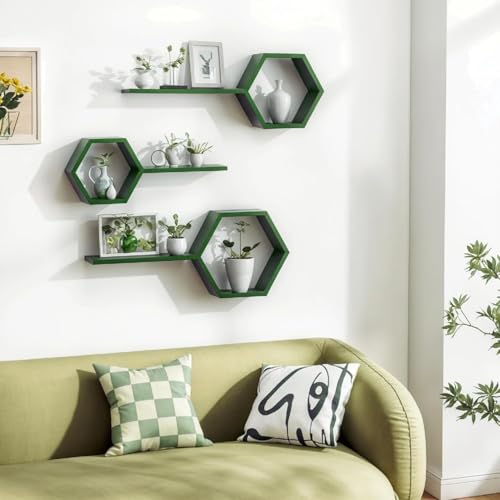 Image of Wooden Floating Wall Mounted Set of 6 Hexagon Shelves Display Shelf for Photos, Plants, Rustic Honeycomb Shelves for Living Room, Bedroom, Bathroom, Kitchen, Office (Green)