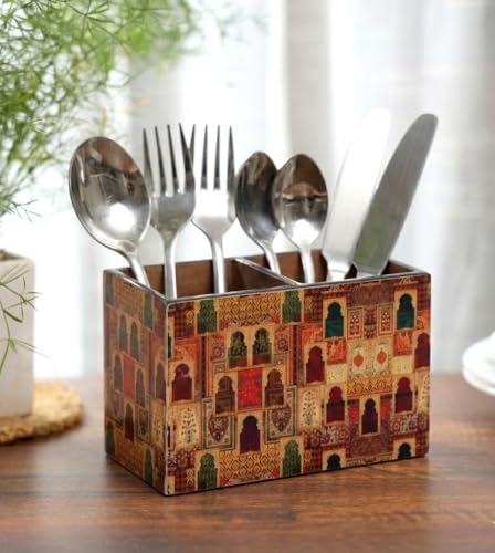 Image of DULI Engineered Wood Multicolorpurpose Stand, Cutlery Holder, Spoon Stand, Table Organizer With 2 Sections, Chammach Stand (10Cm X 15Cm, Jharoka), Utensils
