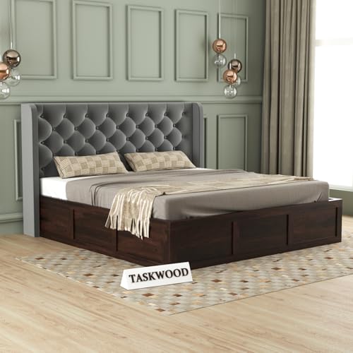 Image of Solid Sheesham Wood King Size Bed with Storage | Wooden Double Bed Cot Bed with Box Storage & Velvet Upholstered Cushioned Headboard for Bedroom (Walnut C, King)