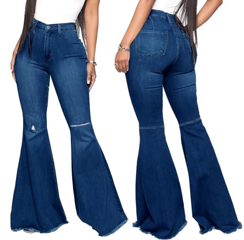 Women's Elastic Ripped Hole Classic Denim Bell Bottom Jeans3