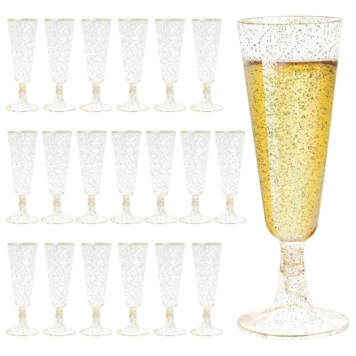 Polartreehome Juego de 20 copas de champán de plástico, oro, 150 ml, copas de champán, vino, copas de champán con brillo dorado, elegantes flautas de champán de plástico para bodas, fiestas, cócteles