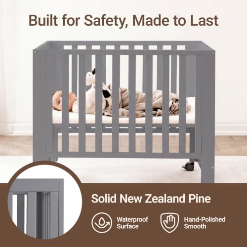 Image of MAMAZING EvoNest 6-in-1 Convertible Baby Mini Crib with Wheels | GREENGUARD Gold Certified, New Zealand Pine Wood, 4 Adjustable Heights, Rocking Mode, Small Spaces Design, Grey