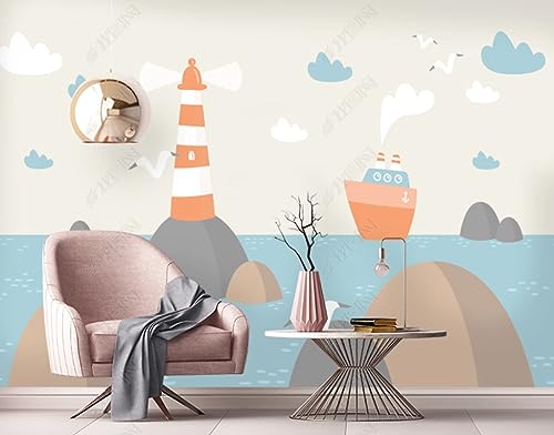 3D Efecto Gaviota, Nubes Blancas, Faro Marino, Habitación Infantil. Fotomurales Mural Papel Pintado Pared Salón Dormitorio Pasillo Moderna Decoración De Pared Tamaño Personalizado