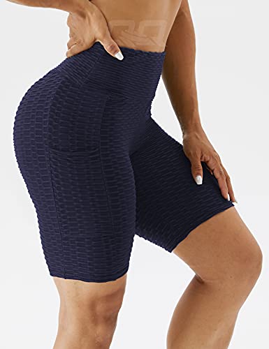 Qoq Women's Workout Biker Shorts With Side Pockets High Waisted Textured Booty Athletic Gym Yoga Pants Tummy Control Shorts Navy Blue S #TOP1